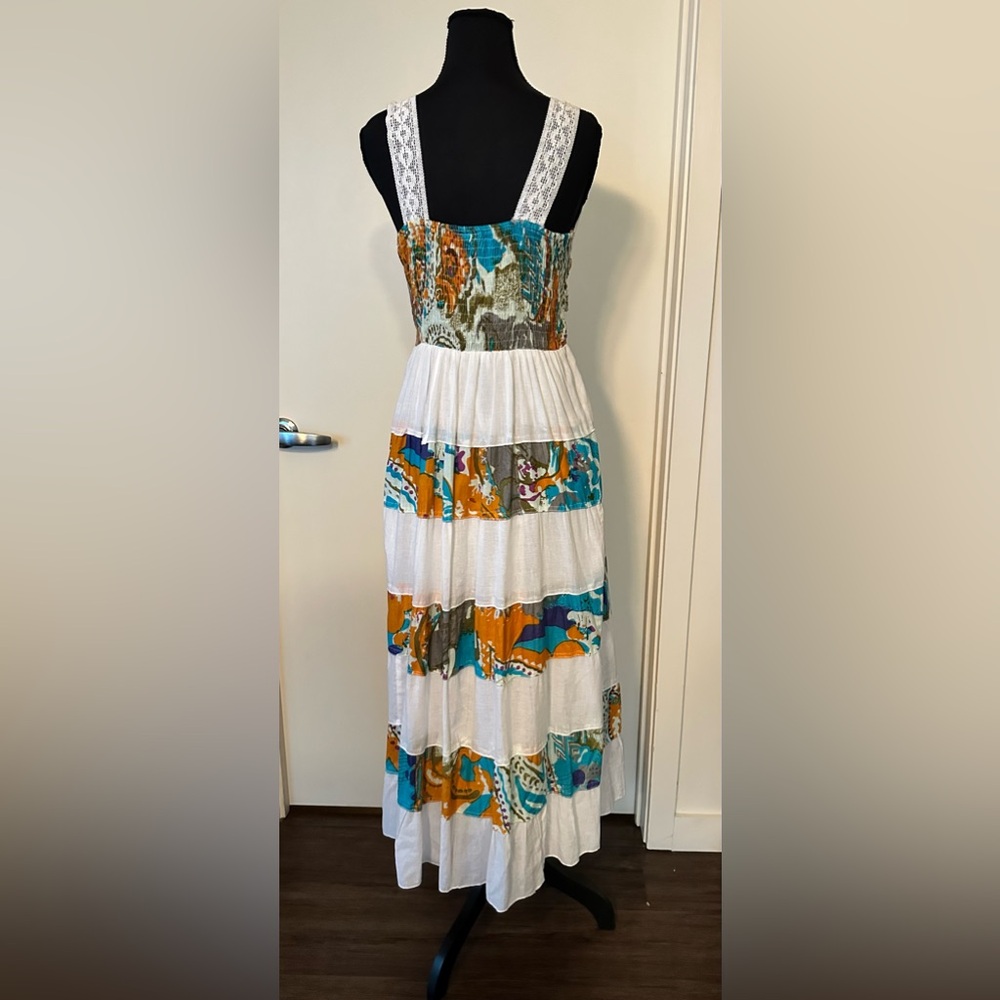 California Breeze Boho Tiered Cotton Dress in White/Multicolor Print. Size S - Picture 5 of 12